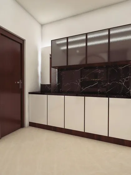 A 3D design for a crockery unit with a dark wood frame, white cabinets, and smoked glass upper doors. This piece is designed to provide ample storage while complementing the dining area.