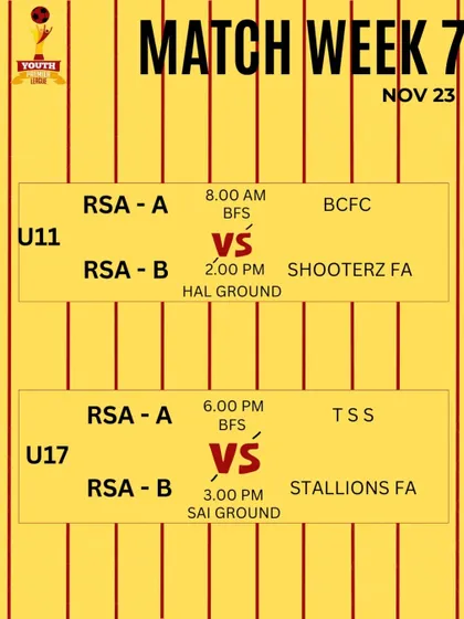 Match week 7 fixtures for our U11 and U17 teams in the KSFA YPL.