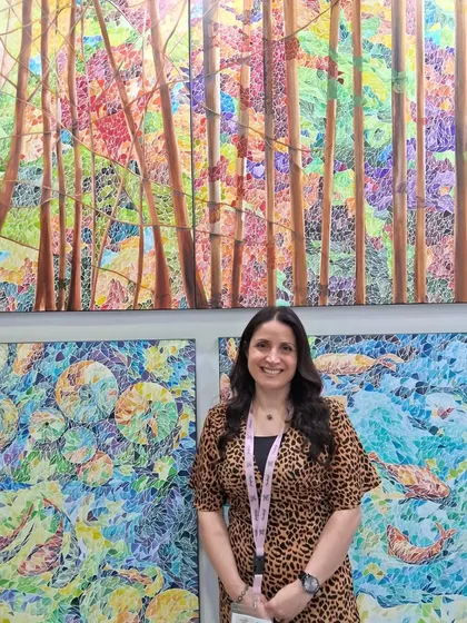 Artist Roudaina with her vibrant and colorful mosaic collection. We love to see our artists shine and share their passion with the world.