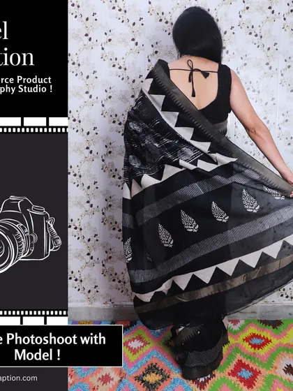 The back view of a model wearing a cotton saree, showcasing the drape and the design of the blouse. We capture all angles to give a complete picture.