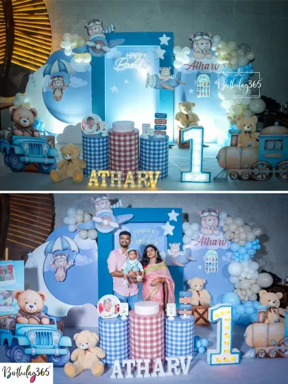 A collage from Atharv's teddy bear pilot-themed first birthday, showing the full blue and white setup and a happy family photo.