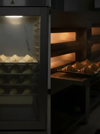 Trays of croissants appear beside an oven in our catalogue's golden-bake-stage visual.