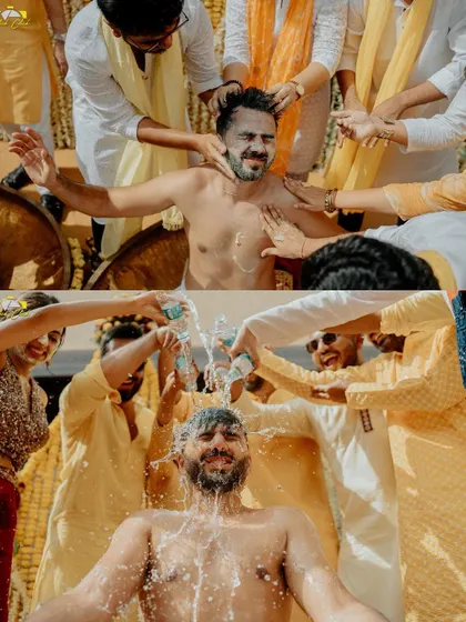 The groom's Haldi is always a moment of fun and mischief. This collage captures the boys' team in action, showering the groom with water and haldi in a classic, celebratory ritual.