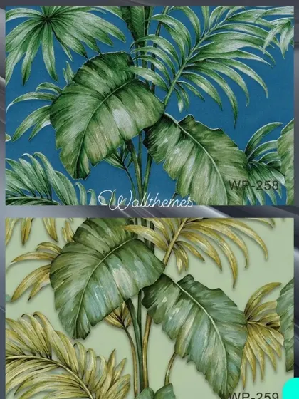 Two color options for a tropical leaf wallpaper, one with a blue background and one with a light green background.
