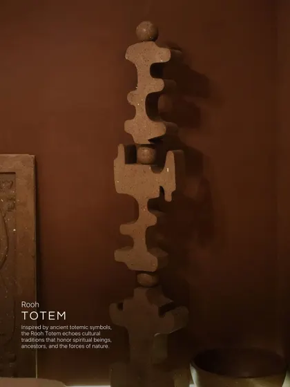 Inspired by ancient totemic symbols, the Rooh Totem echoes cultural traditions that honor spiritual beings, ancestors, and the forces of nature. It's a sculptural piece that stands as a powerful, grounding presence in any space.
