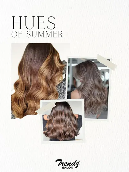 A collage showing off our "Hues of Summer," featuring beautiful examples of balayage and rich, glossy brown shades.