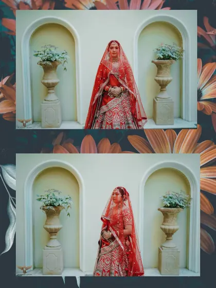 A diptych showing the bride framed by elegant white archways. This architectural element adds a sense of grandeur and symmetry to the portraits.
