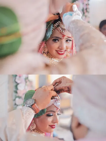 A beautiful moment from the wedding ceremony, where the groom is performing a ritual for his bride. Her smiling face, seen from his perspective, makes this a very personal and heartwarming shot.