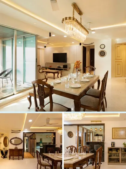Another collage of the same dining area, offering different angles of the elegant space and its connection to the living room.