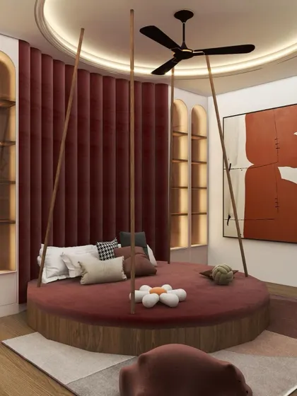 Another view of the rendered child's room, showing the circular bed, modern art, and built-in arched shelving, creating a space that is both fun and stylish.