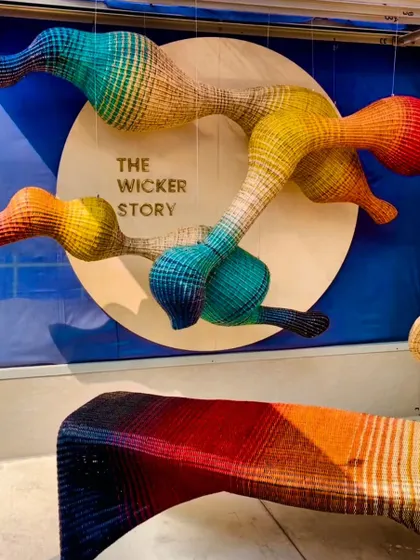 The vibrant and sculptural work of The Wicker Story at India Design '24. This colorful, woven bench and wall art showcase the incredible potential of traditional materials in contemporary design.