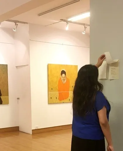 Here, we are installing poetry by Kabir alongside the artworks of C.F. John. We believe in creating a multi-layered experience, where literature and art converge to enrich the viewer's understanding.
