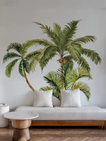 Our Beach Green Palm Tree wall sticker creates a stunning focal point in this minimalist living room. The design adds a touch of nature and tranquility to the clean, modern space.