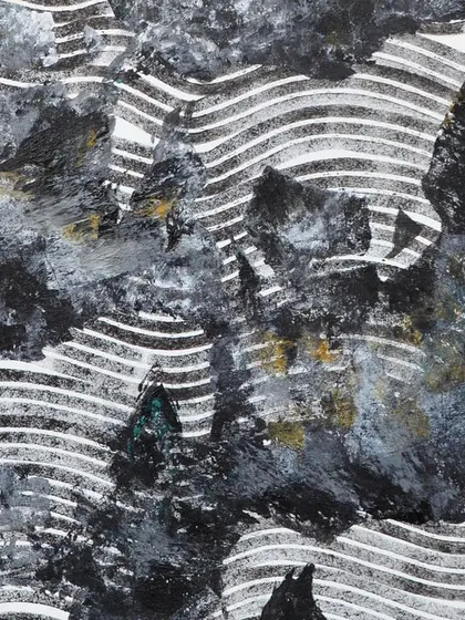 A close-up of the "Galloping Horses" painting. You can see the texture of the paint and the subtle hints of gold mixed into the black and white, adding a touch of warmth to the monochrome palette.