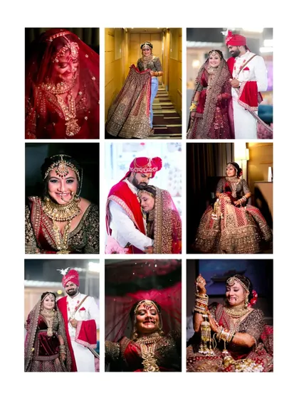 A collage of nine images from the wedding, showcasing the bride's portraits, couple shots, and candid moments. It's a perfect summary of the day's emotions and events.