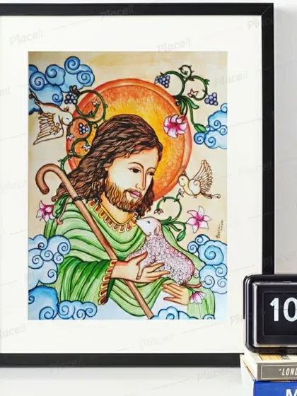 The Jesus mural painting, framed and displayed in a home setting. This shows how a traditional art form can bring a sense of peace and beauty to a modern space.