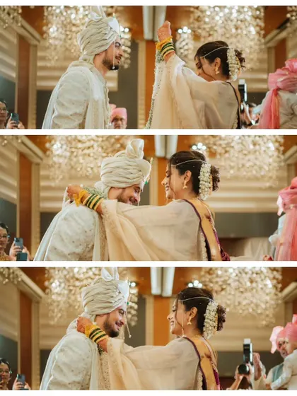 A sequence of the 'varmala' or garland exchange ceremony, capturing the smiles and joy of the moment.