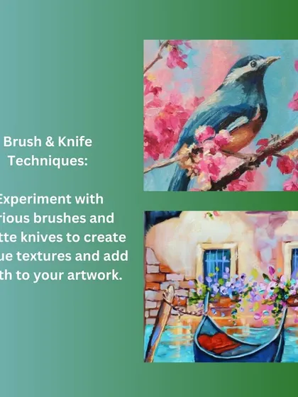 In our acrylic course, you'll experiment with various brushes and palette knives to create unique textures and add depth to your artwork.