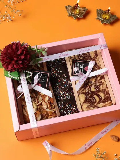 A pretty pink Diwali gift box filled with a delicious assortment of my tea cakes and brownies.