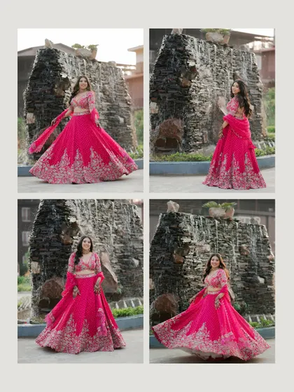 A vibrant collage of the bride in her bright pink Mehendi lehenga, twirling and posing against a beautiful waterfall backdrop.