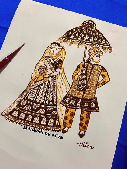 A classic bride and groom portrait, drawn on paper. In my classes, we practice figures like this extensively to perfect the proportions and details before working on skin.