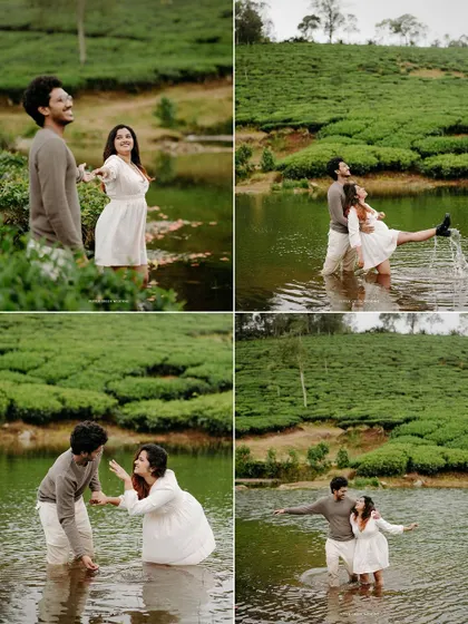 A collage of Sanchana and Adarsh's playful moments in the water. A pre-wedding shoot can be an adventure, and I am there to capture all the fun.