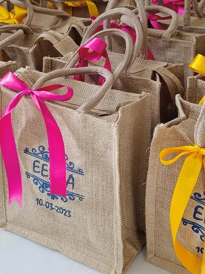 A side view of the custom jute bags, showing their depth and capacity.