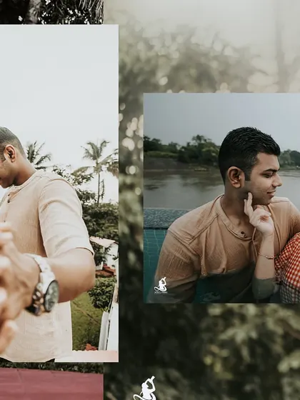 A collage of intimate close-ups and tender moments from a pre-wedding shoot at a beautiful riverside location.