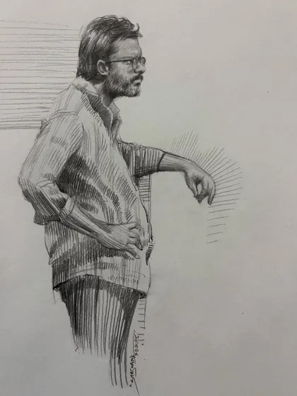 A self-portrait sketch, capturing a moment of observation.