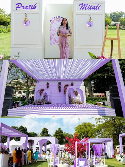 A showcase of a unique lavender-themed Haldi decor. The setup includes a personalized welcome area, a beautifully draped stage, and elegant cabana-style seating, all in dreamy shades of purple.