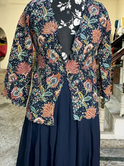 A closer look at our most selling Indo-Western outfit. The intricate floral embroidery is all done by hand.