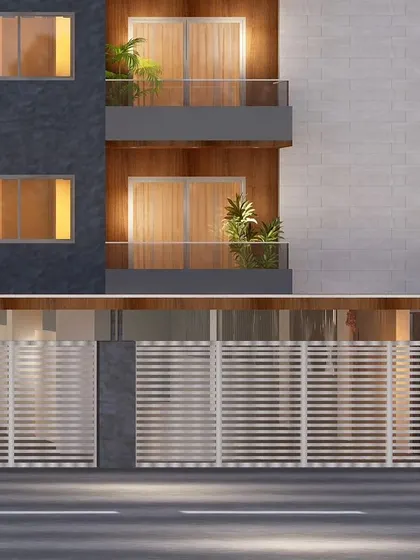 A detail of the main gate and facade at the ground level, showcasing the clean, horizontal lines of the design.