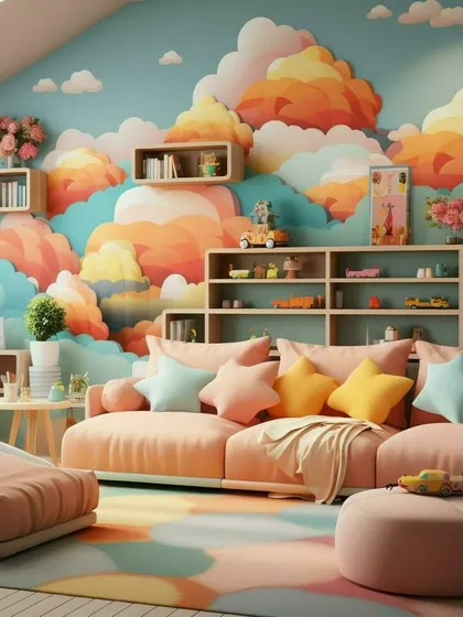 A whimsical playroom with walls covered in a sunset-colored cloud mural. The soft pastel colors and dreamy theme create a magical and inspiring space for children.