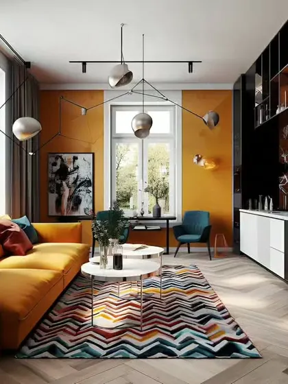 For clients who love color, I designed this vibrant living room with a bold yellow accent wall, a colorful rug, and modern black shelving.