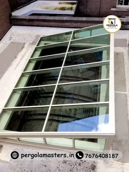 This image shows a pitched skylight structure installed on a flat roof. This design not only brings light into the building but also adds architectural dimension to the building's exterior profile.