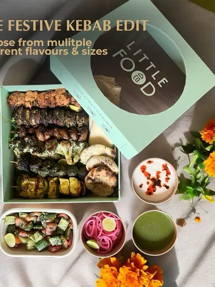 My Festive Kebab Edit, beautifully packaged in a mint green box. This is perfect for gifting or bringing to a Diwali party, complete with dips and salad for a hassle free, gourmet appetizer solution.