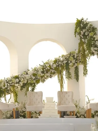 For this modern beach wedding at the Taj Holiday Village in Goa, I designed a clean, architectural mandap with an asymmetrical floral arrangement, letting the beauty of the ocean view complete the picture.
