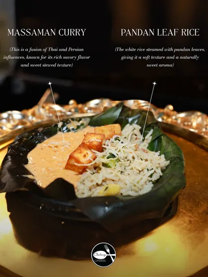 This annotated image explains the components of my Thai specialty: the rich and savory Massaman curry with Persian influences, and the naturally sweet and soft Pandan leaf rice.