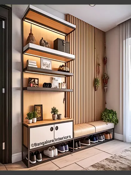 A modern industrial-style foyer unit with a metal frame, open shelving, and a bench with shoe storage.