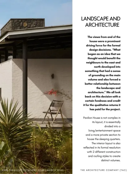This page from our feature in The Architect's Diary discusses our design philosophy for Pavilion House, emphasizing the crucial relationship between landscape and architecture.