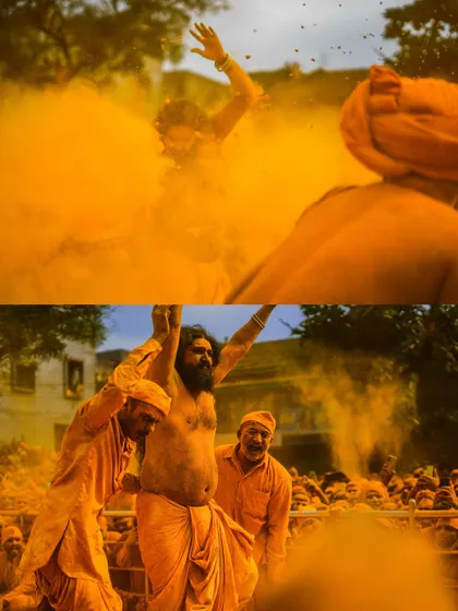 Action shots and crowd scenes from the turmeric festival, capturing the dynamic energy of the celebration. These images show devotees dancing, playing drums, and throwing clouds of yellow powder into the air.