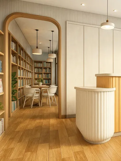 An arched timber doorway frames a view into a cozy reading area, complete with built-in bookshelves and comfortable seating. This design creates a sense of discovery and provides a quieter, more intimate zone within the larger library.