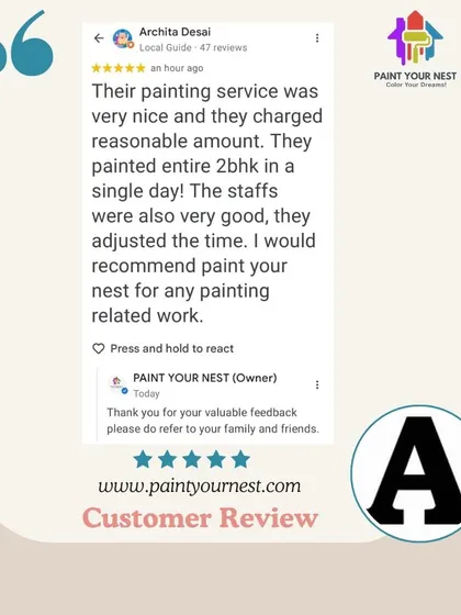 Speed and quality can go hand-in-hand. This client was happy that we painted their entire 2BHK in a single day at a reasonable cost, with a very good and adjustable staff.