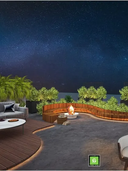 A 3D design for a Gurgaon terrace, featuring a curved seating area around a fire pit. The design uses wooden decking and raised planters to create a sophisticated rooftop lounge under the stars.