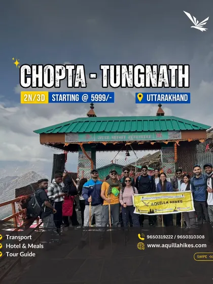 Our Chopta-Tungnath trip is one of our most popular weekend getaways. This poster shows a happy group at the Tungnath temple entrance, with all key details like price and inclusions clearly mentioned. It's a 2N/3D trip starting at just ₹5999.