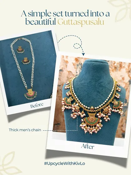 A thick men's chain and an old pendant set were combined to create this stunning Ghotapasslu necklace. This is a perfect example of how we can blend different pieces into a cohesive, traditional design.