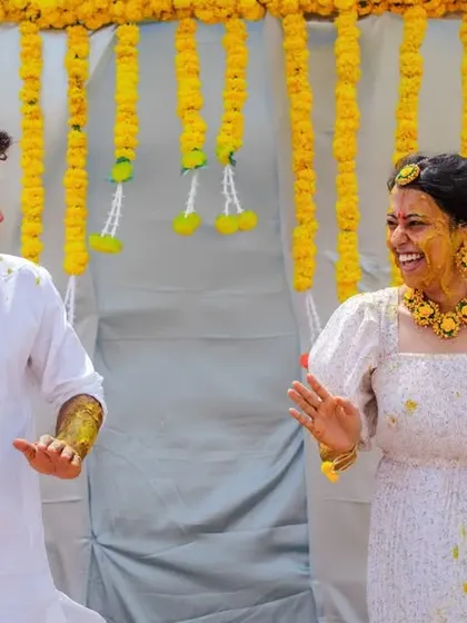 Pure, unrestrained joy. This couple's dance during their Haldi ceremony is a perfect example of the energetic and happy moments we love to photograph.