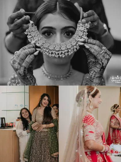 A collage of getting-ready moments, including an artistic shot of the bride's necklace and the bridesmaids' excited reactions.