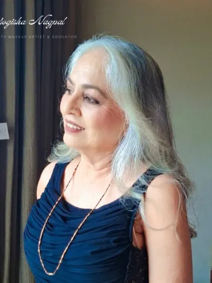 A candid shot of the celebrity actor, looking radiant and natural. This makeup for mature skin is all about a fresh, glowing finish.