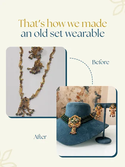 That's how we made an old set wearable. A long, dated necklace was transformed into a trendy choker with matching earrings, keeping the soul of the original piece while adding a fresh, modern sparkle.